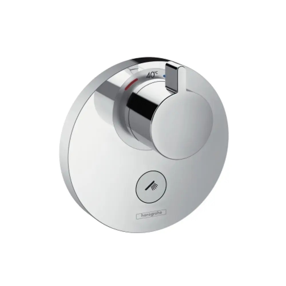 Thermostat von Hansgrohe mit verchromter Oberfläche, Drehhebel zur Temperaturregulierung und Symbol für Wasserabgabe an eine Dusche.